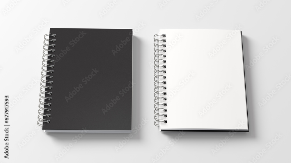 Notebook mockup. Closed and open blank notebook with black cover. Spiral notepad on white background - obrazy, fototapety, plakaty 
