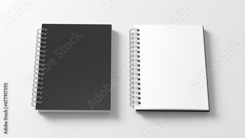 Notebook mockup. Closed and open blank notebook with black cover. Spiral notepad on white background