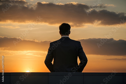 Silhueta de homem de negócios ao por do sol, meio corpo e mãos na cintura
