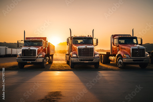 Três caminhões estacionados com o por do sol atrás photo