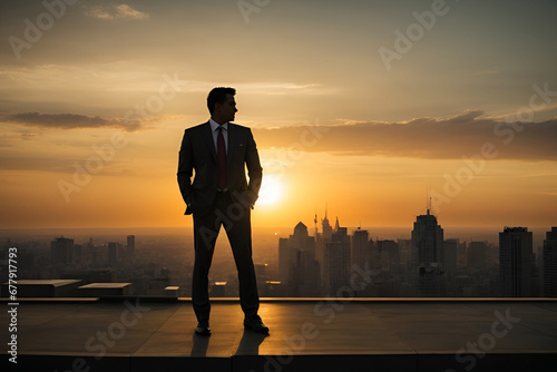 Silhueta de homem de negócios ao por do sol, olhando para a direita da imagem
