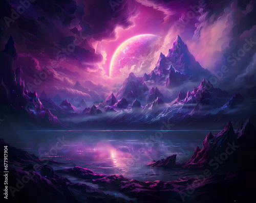 Fantasy pink and purple mountain landscape with majestic clouds and a large planet in the sky.
