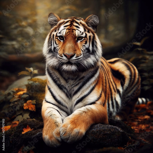 A tiger lying in a forest and staring ahead. Autumnal fallen leaves lie around it.