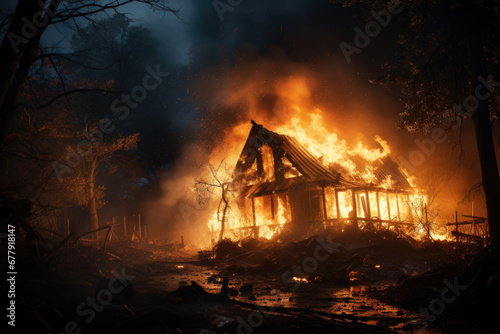 Fire in wooden house or barn at night, burning single family home. Hut in flames and smoke. Concept of damage, disaster, insurance, arson, wood, property, wildfire