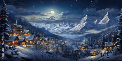 Ski resort in mountains at Christmas night, landscape of village, snow, sky and moon in winter. Theme of travel, stunning view, New Year holiday, forest, fairy tale scene © scaliger