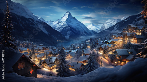 Ski resort in at Christmas night, amazing view of village in lights on mountains background. Landscape with snow, lake and sky in winter. Theme of travel, New Year holiday, nature