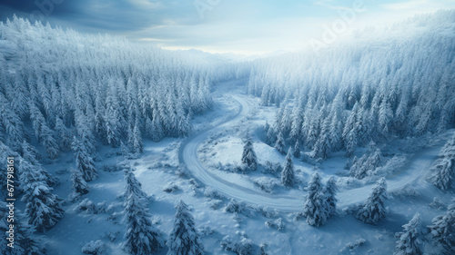 Aerial view of snowy winding road in woods in winter. Landscape of white forest with snow, sky and frozen trees. Concept of nature, travel, Siberia, Norway, country, season,