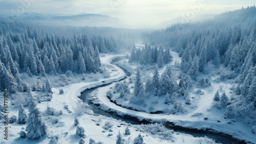 Aerial view of winding river in snowy woods in winter. Landscape of white forest with snow and trees. Concept of nature, travel, Siberia, Norway, country, season, flight, north © scaliger
