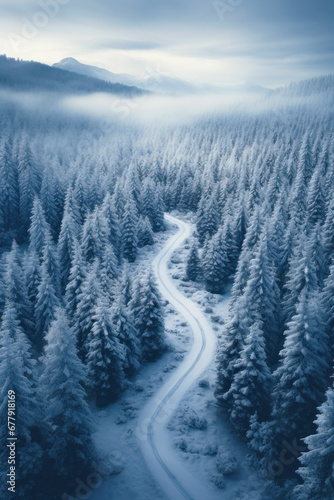 Aerial view of snowy frozen road in forest in winter. Landscape of white blue woods with snow, sky and trees. Concept of nature, travel, Siberia, Norway, country, season, perspective