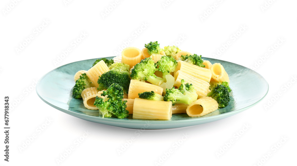 Plate of tasty pasta with broccoli on white background Plate of tasty pasta with broccoli on white background
