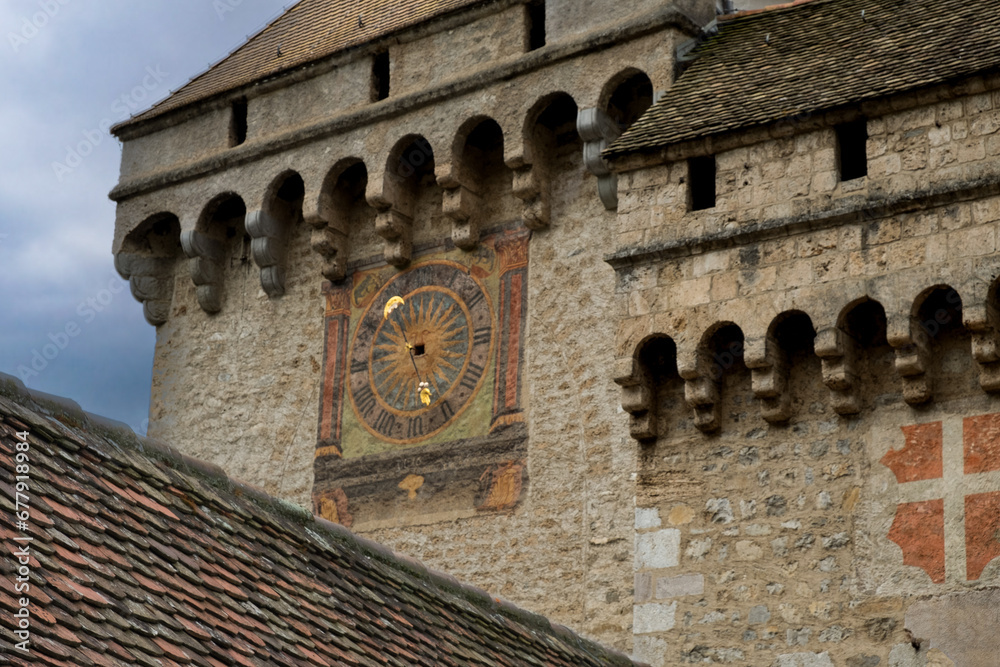 Colorful entrance clock of Chillon Castle Montreux Switzerland