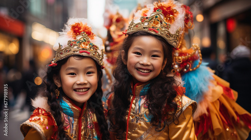 Young Chinese girls smiling during the celebration of the Chinese New Year and Eastern Chinese culture