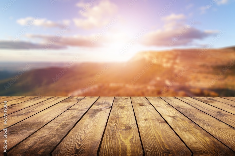 Empty blank wooden table on nature background.