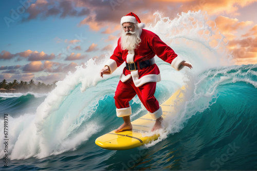 Santa Claus enthusiastically rides a massive, perfectly-formed wave in a picturesque tropical paradise.