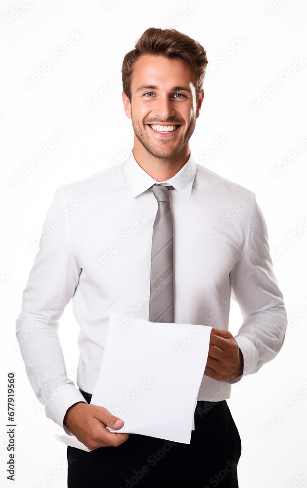 Businessman in white suit, Happy smile holding white sheet of paper on a white background in the studio, white business professional. Generative AI. Businessman in white suit, Happy smile holding white sheet of paper on a white background in the studio, white business professional. Generative AI.