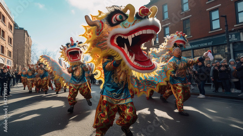Parade street celebration with costumes for the Chinese New Year in China, featuring a Chinese dragon from Eastern culture © Ignacio Carrera
