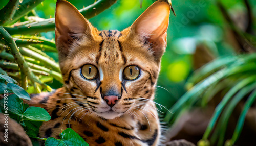 Gato savannah entre las plantas de un jardín photo