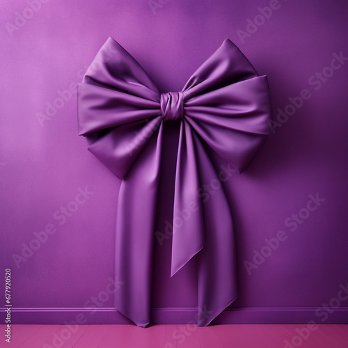 A bow hung on a purple wall  in the style of wrapped