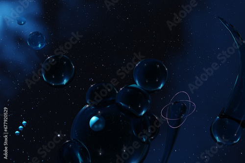 3d render of glowing spheres and stars in space