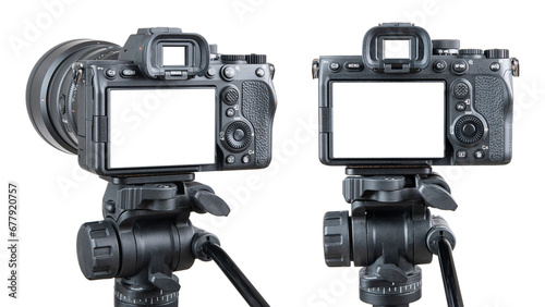 Photo camera. Digital or Dslr camera on tripod. Photographer or videographer studio for recording film project. Professional blogger, television equipment. Camera, display, lens. Isolated background