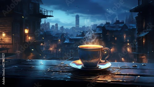 Steamy Moments: Coffee, Rain, and City Lights on the Rooftop. High-Quality 4K Animated Backgrounds. Seamless Loop Video. photo