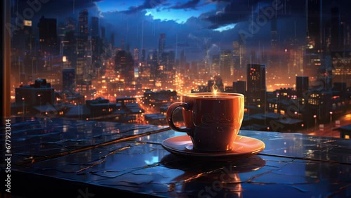 A Cup Of Coffee and Raindrops Above the City. High-Quality 4K Animated Backgrounds. Seamless Loop Video. photo