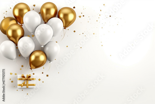 balloons with ribbon and gift box on white background with copy space