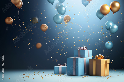 blue golden gift boxes with ribbon and balloons, copy space background 