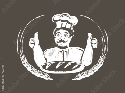 Baker showing thumbs up, bakery badge or label vintage style vector illustration with bread