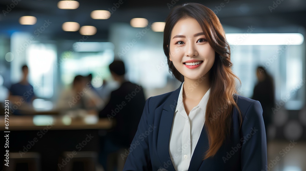 Happy young korean business woman standing at meeting. generative AI Happy young korean business woman standing at meeting. generative AI