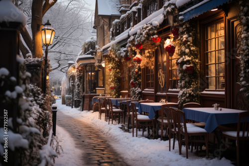 Beautiful snow covered typical Parisian cafes decorated for Christmas holidays in France. Sunny winter day on Christmas time.