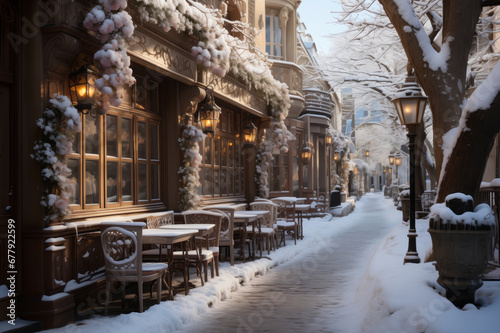 Beautiful snow covered typical Parisian cafes decorated for Christmas holidays in France. Sunny winter day on Christmas time.