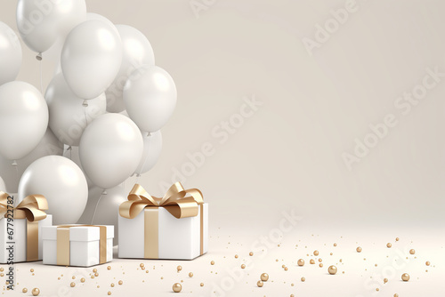  golden white balloons with ribbon, bow and gift boxes on white background with copy space