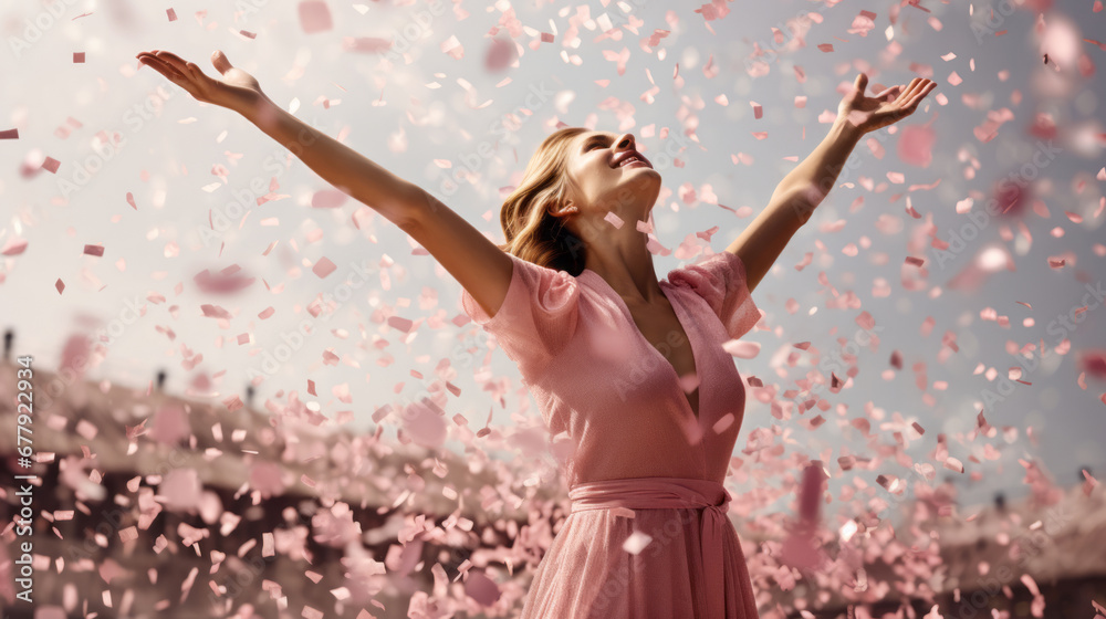 Happy young woman wearing pink dress dancing under falling pink confetti. Breast cancer awareness.