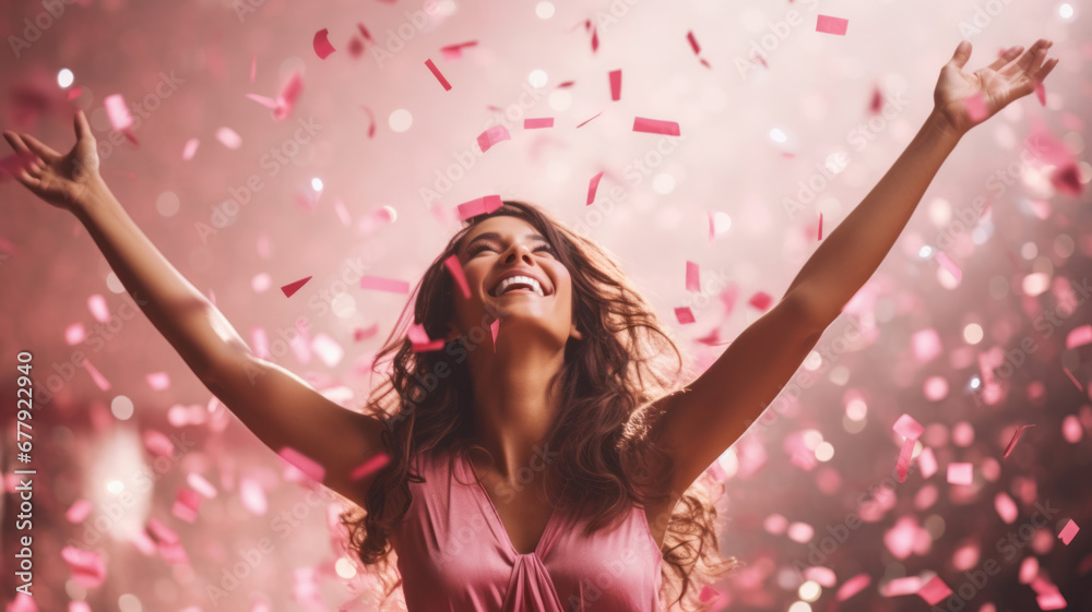 Happy young woman wearing pink dress dancing under falling pink confetti. Breast cancer awareness. Happy young woman wearing pink dress dancing under falling pink confetti. Breast cancer awareness.