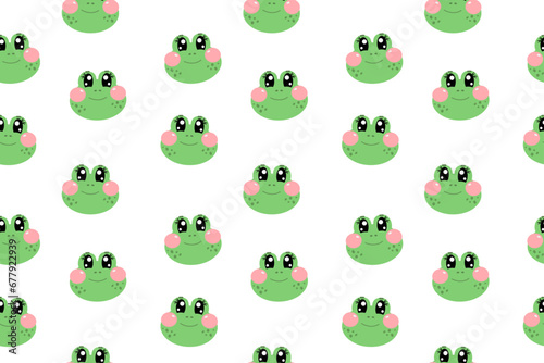 Seamless pattern with cute kawaii green face of frogs for nursery, print or textile for kids © Olga Voron