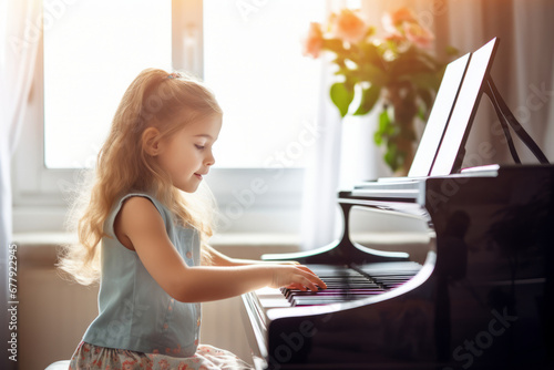 Cute little girl learning to play piano in living room. Child having fun with music instrument. Art education for kids. photo