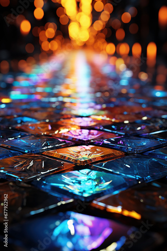 Illuminated Pathway: A Kaleidoscope of Holographic Tiles under City Lights
