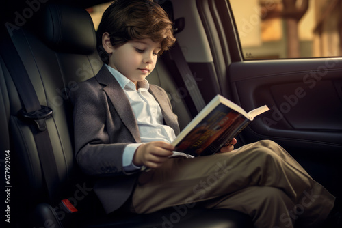 Cute child sitting in a car and reading a book. Child entertainment on a road trip. Traveling by car with kids.