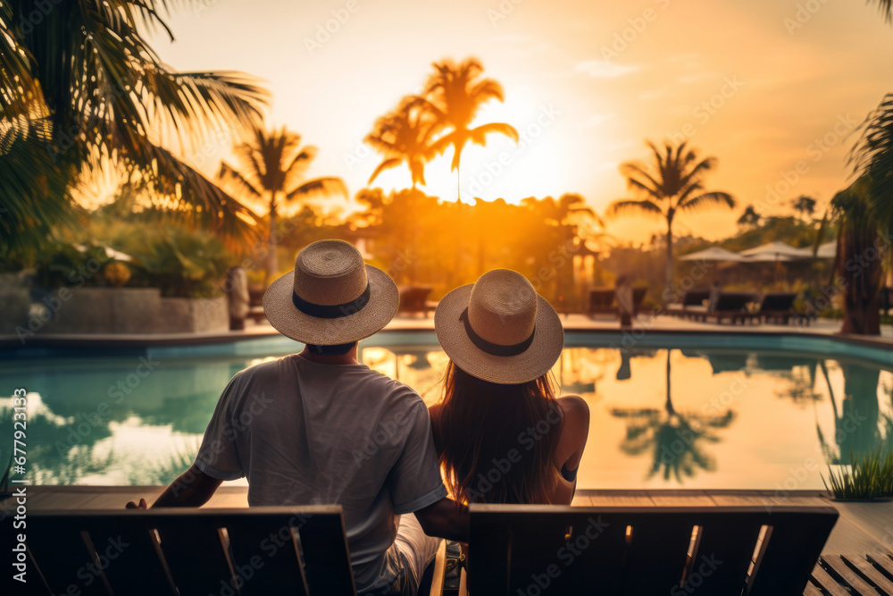 Back view of a young couple enjoying the time by the pool in tropical scenery at sunset. Summer vacation in tropical landscape. Travelling exotic places.