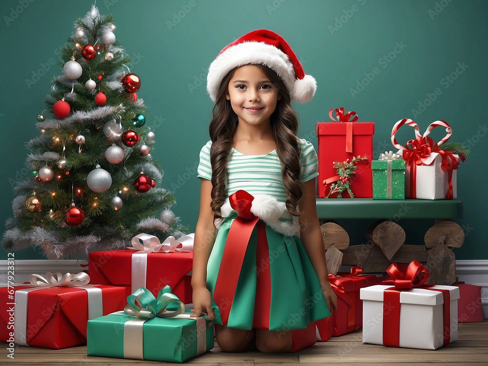 Colorful 3D Christmas with green, red, white and silver with Christmas decorations and gifts in the background Featuring a cute little girl dressed in a Christmas dress with two ponytails and a Santa 