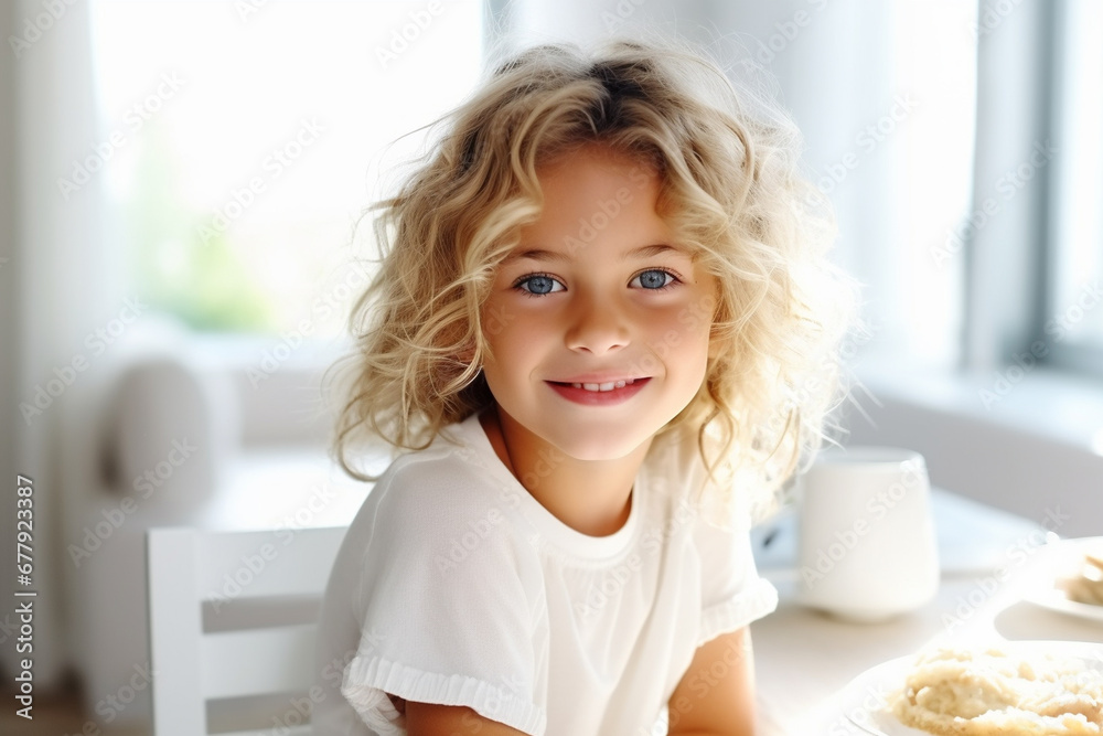 happy smiling little child eating breakfast happy smiling little child eating breakfast