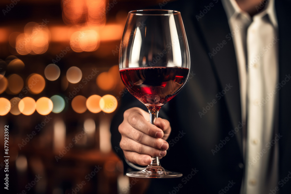 Waiter handing a glass of red wine in a restaurant. Alcoholic beverage served during a party night. Waiter handing a glass of red wine in a restaurant. Alcoholic beverage served during a party night.
