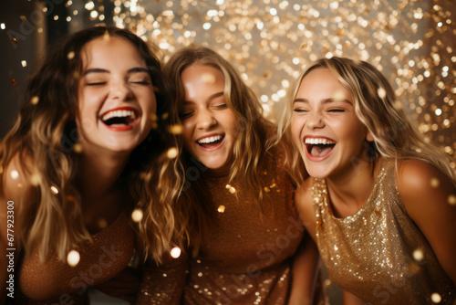 Three teenage friends celebrating New Years Eve. Young women wearing glittery outfits dancing at Christmas party.