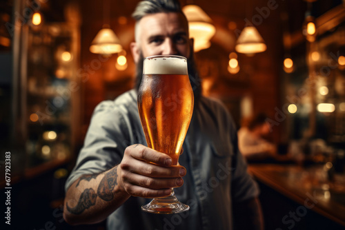 Handsome bartender serving a glass of fresh beer in traditional Dublin pub. Drinking alcoholic beverage. Saint Patrick's Day celebration.