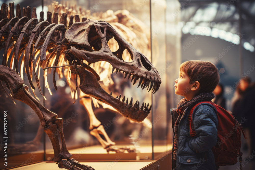 Child looking at the skeleton of an ancient dinosaur in the museum of paleontology. Little boy watching at dinosaur bones. - obrazy, fototapety, plakaty 