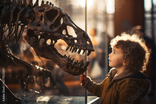 Child looking at the skeleton of an ancient dinosaur in the museum of paleontology. Little boy watching at dinosaur bones. © MNStudio