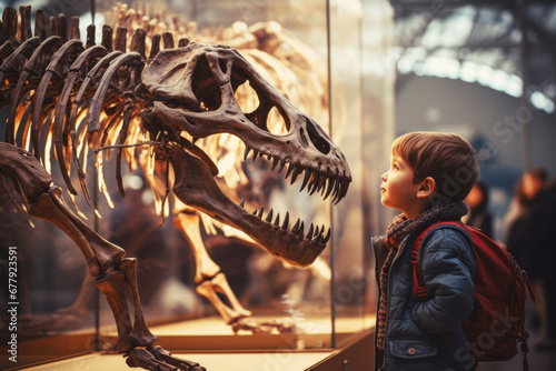 Child looking at the skeleton of an ancient dinosaur in the museum of paleontology. Little boy watching at dinosaur bones. photo