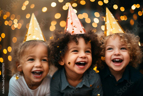 Three cheerful kids friends wearing paper hats celebrating birthday with glittery confetti. Children birthday party. Celebrating New Year with little ones. photo