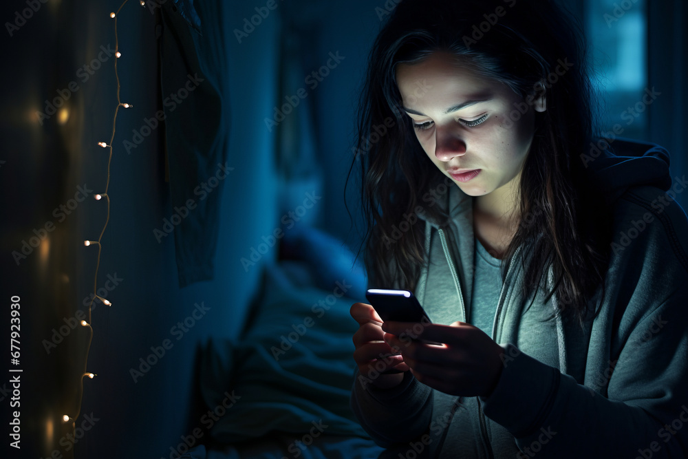 Teenage girl checking her smartphone at night. Teen scrolling through social media on her phone screen. Internet addiction in kids. - obrazy, fototapety, plakaty 